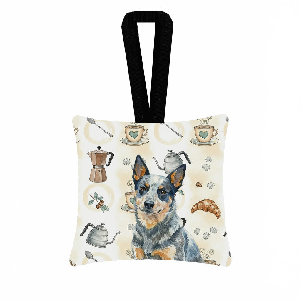 Blue Heeler Australian Cattle Dog Coffee Bar Hanging Square Fabric Ornament 3.5 � 3.5 Decorative Door-Knob & Tree Hanger, Soft Fabric