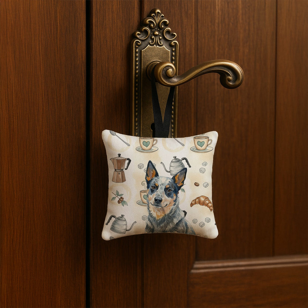 Blue Heeler Australian Cattle Dog Coffee Bar Hanging Square Fabric Ornament 3.5 � 3.5 Decorative Door-Knob & Tree Hanger, Soft Fabric