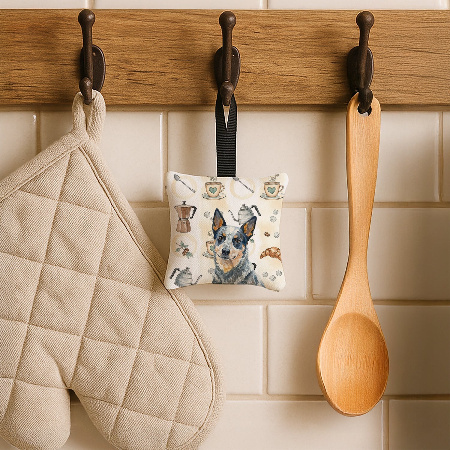 Blue Heeler Australian Cattle Dog Coffee Bar Hanging Square Fabric Ornament 3.5 � 3.5 Decorative Door-Knob & Tree Hanger, Soft Fabric