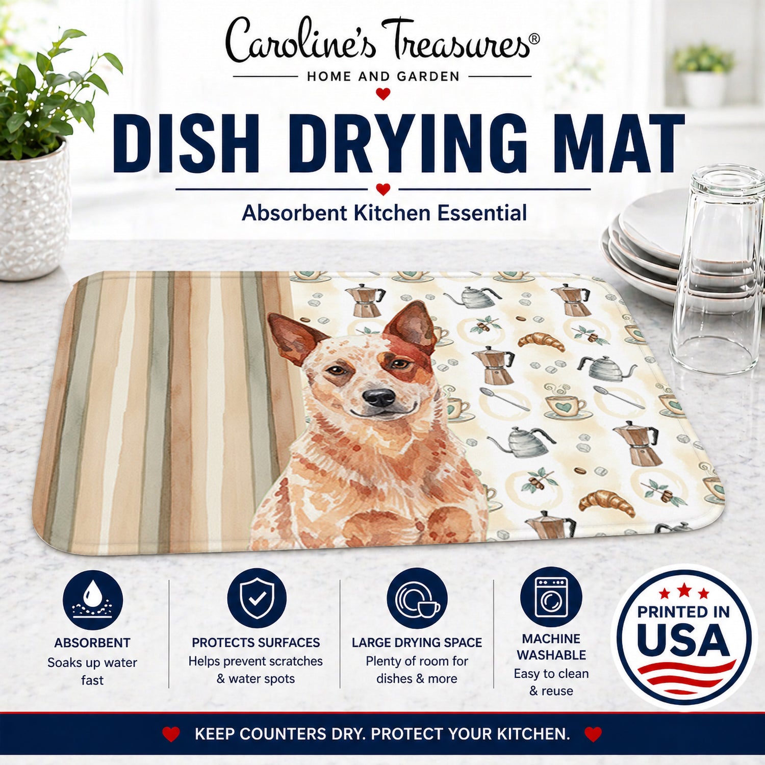 Red Heeler Australian Cattle Dog Coffee Bar Dish Drying Mat Absorbent Dish Drying Mat Pad for Kitchen Counter Dish Drainer Mat for Countertop, 14 x 21", Multicolor