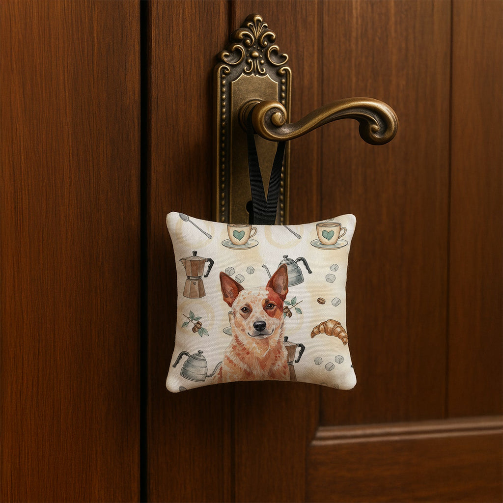 Red Heeler Australian Cattle Dog Coffee Bar Hanging Square Fabric Ornament 3.5 � 3.5 Decorative Door-Knob & Tree Hanger, Soft Fabric