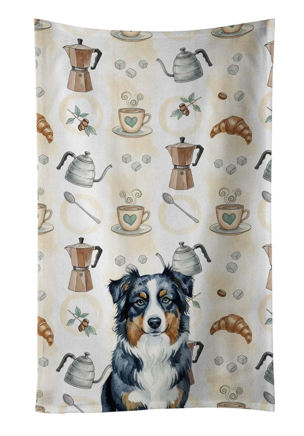 Black Australian Shepherd Coffee Bar Kitchen Towel Velour Plush Front and Cotton Loop Back Machine Washable