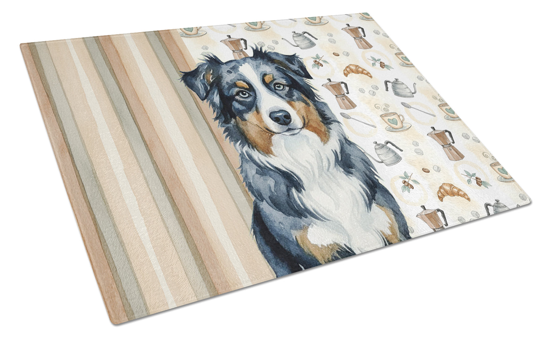 Black Australian Shepherd Coffee Bar Cutting Board Tempered Glass Kitchen Cutting Surface, Heat Resistant Chopping, Non-Slip Feet, Food Prep & Serving