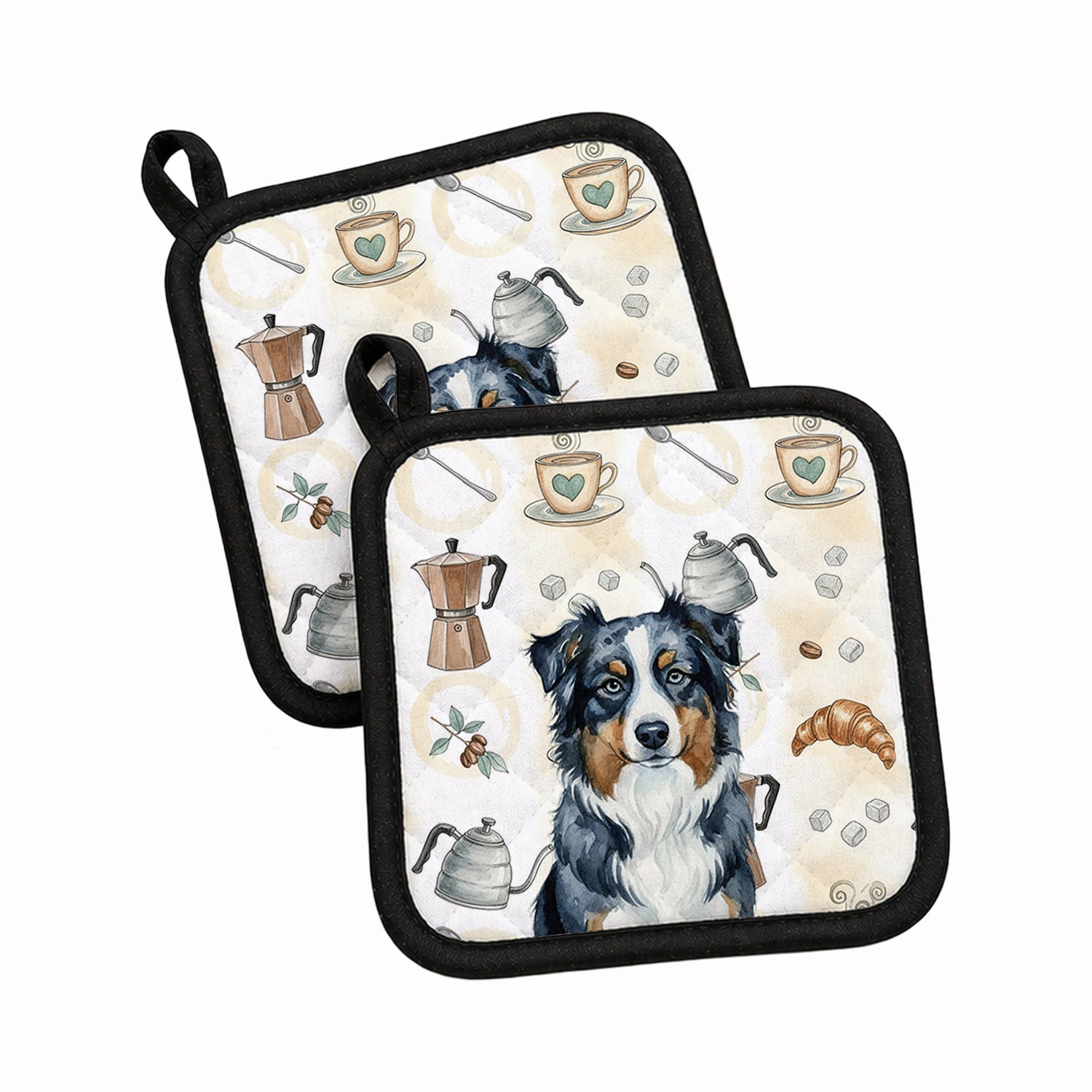 Black Australian Shepherd Coffee Bar Pot Holder Set of 2 Heat Resistant Quilted Hot Pads 7.5 x 7.5 Inch, Insulated Kitchen Trivets for Cooking & Baking