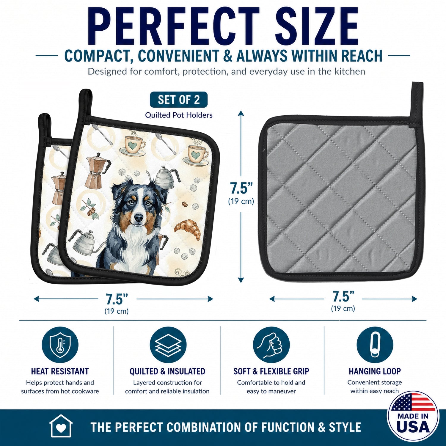 Black Australian Shepherd Coffee Bar Pot Holder Set of 2 Heat Resistant Quilted Hot Pads 7.5 x 7.5 Inch, Insulated Kitchen Trivets for Cooking & Baking