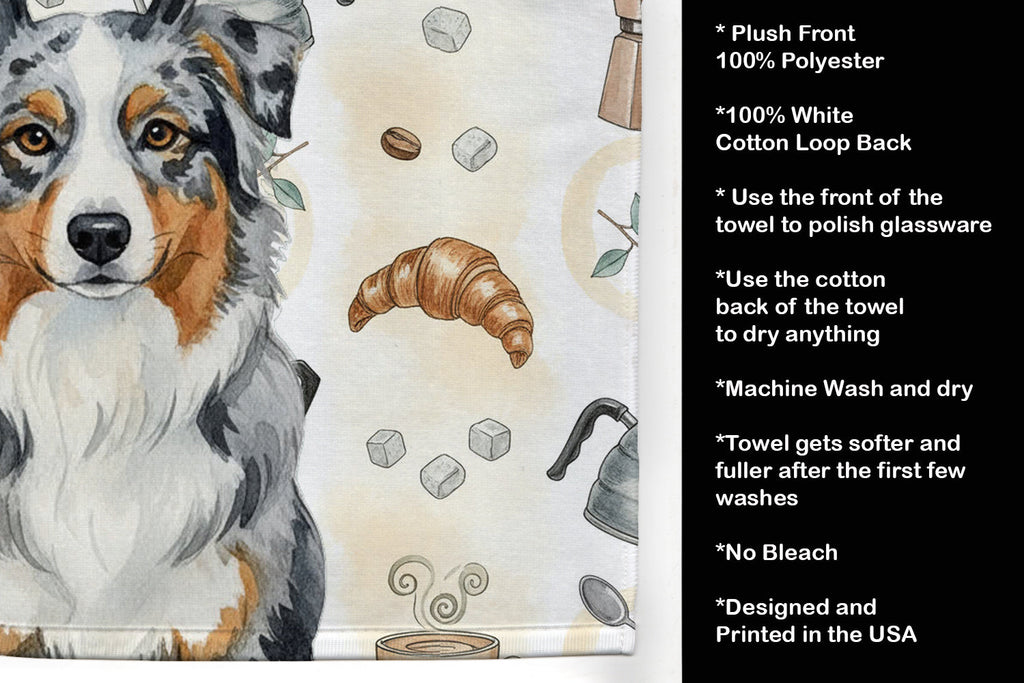 Blue Merle Australian Shepherd Coffee Bar Kitchen Towel Velour Plush Front and Cotton Loop Back Machine Washable
