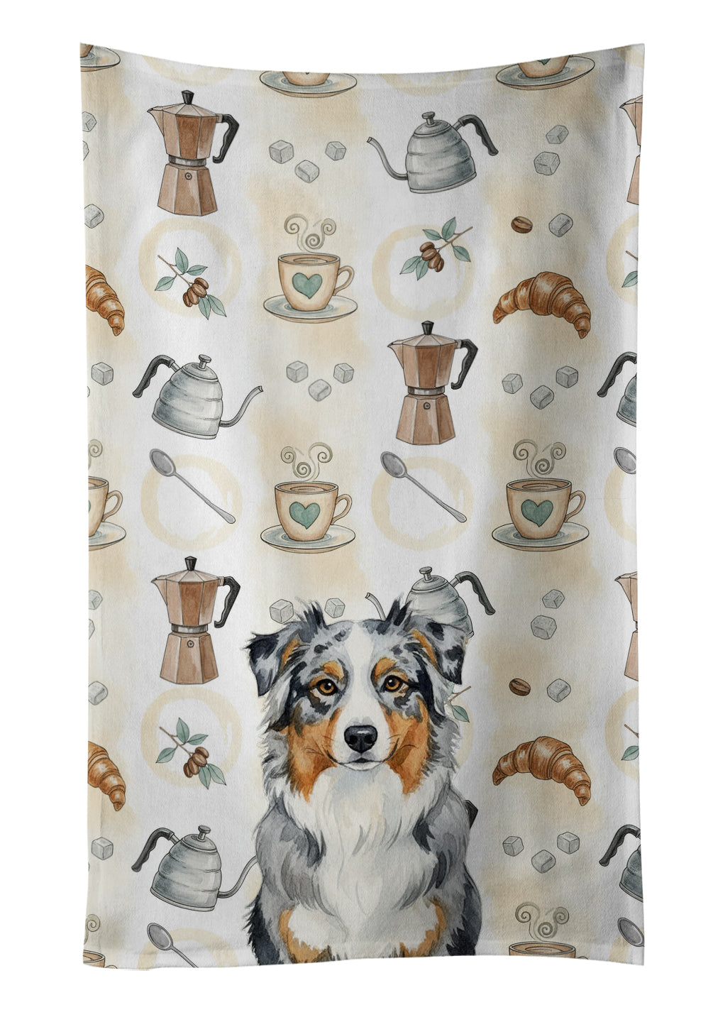 Blue Merle Australian Shepherd Coffee Bar Kitchen Towel Velour Plush Front and Cotton Loop Back Machine Washable