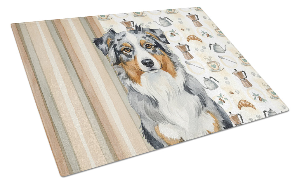 Blue Merle Australian Shepherd Coffee Bar Cutting Board Tempered Glass Kitchen Cutting Surface, Heat Resistant Chopping, Non-Slip Feet, Food Prep & Serving