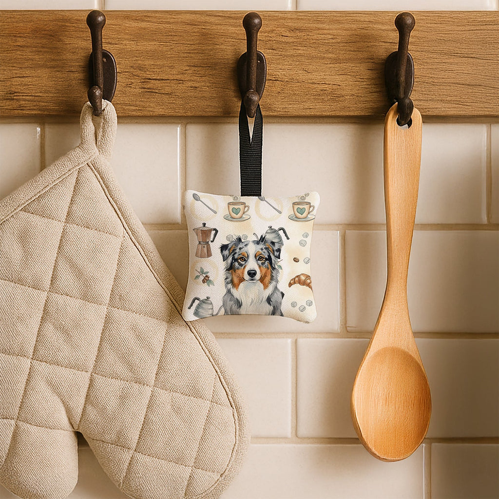 Blue Merle Australian Shepherd Coffee Bar Hanging Square Fabric Ornament 3.5 � 3.5 Decorative Door-Knob & Tree Hanger, Soft Fabric