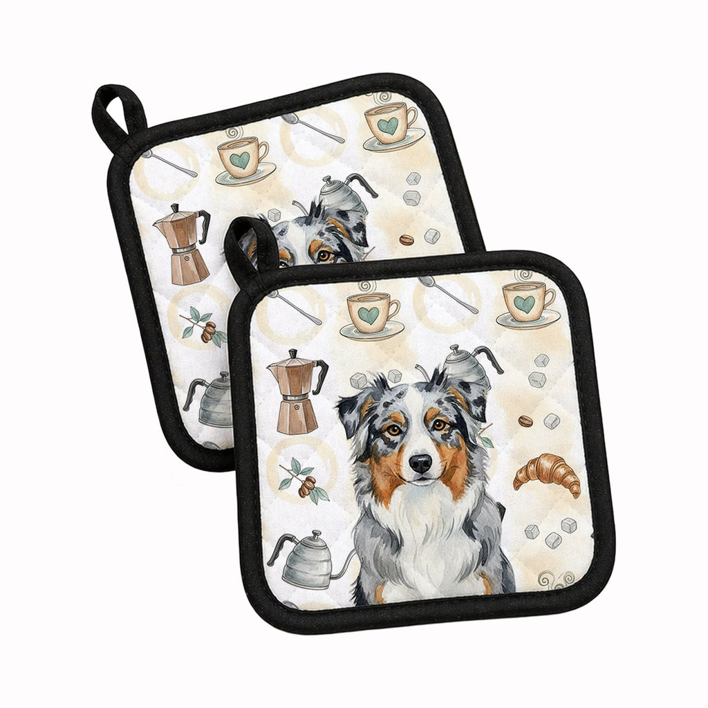Blue Merle Australian Shepherd Coffee Bar Pot Holder Set of 2 Heat Resistant Quilted Hot Pads 7.5 x 7.5 Inch, Insulated Kitchen Trivets for Cooking & Baking
