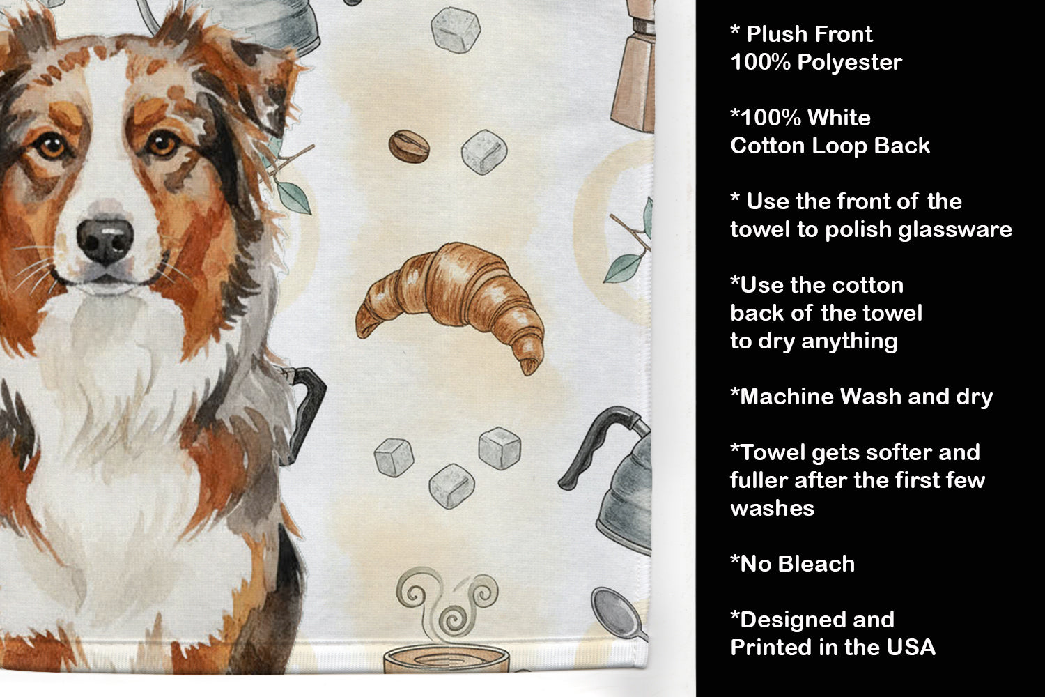 Red Merle Australian Shepherd Coffee Bar Kitchen Towel Velour Plush Front and Cotton Loop Back Machine Washable