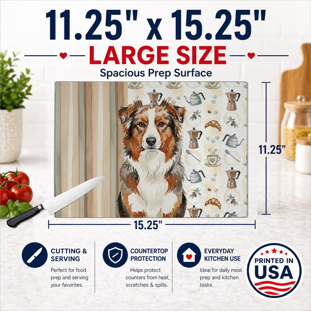 Red Merle Australian Shepherd Coffee Bar Cutting Board Tempered Glass Kitchen Cutting Surface, Heat Resistant Chopping, Non-Slip Feet, Food Prep & Serving