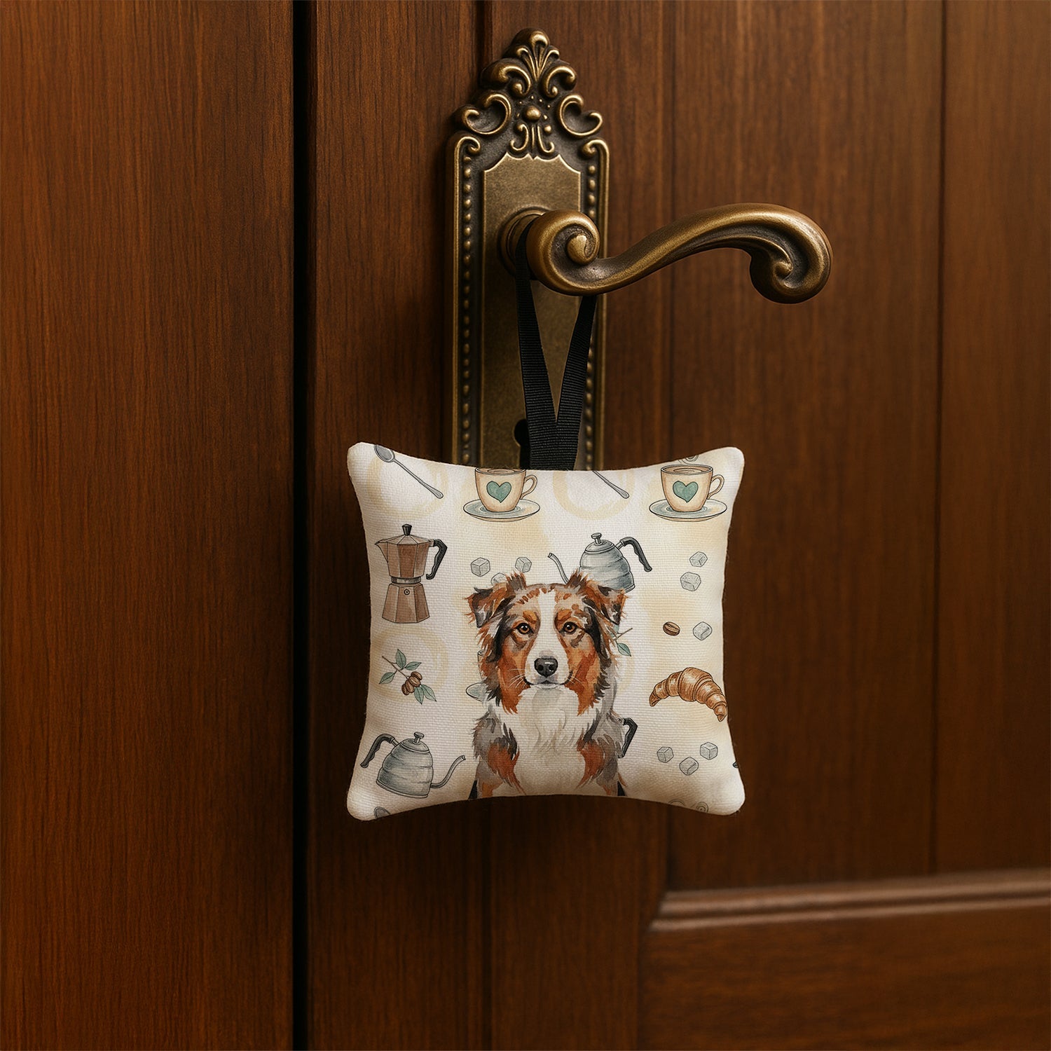 Red Merle Australian Shepherd Coffee Bar Hanging Square Fabric Ornament 3.5 � 3.5 Decorative Door-Knob & Tree Hanger, Soft Fabric