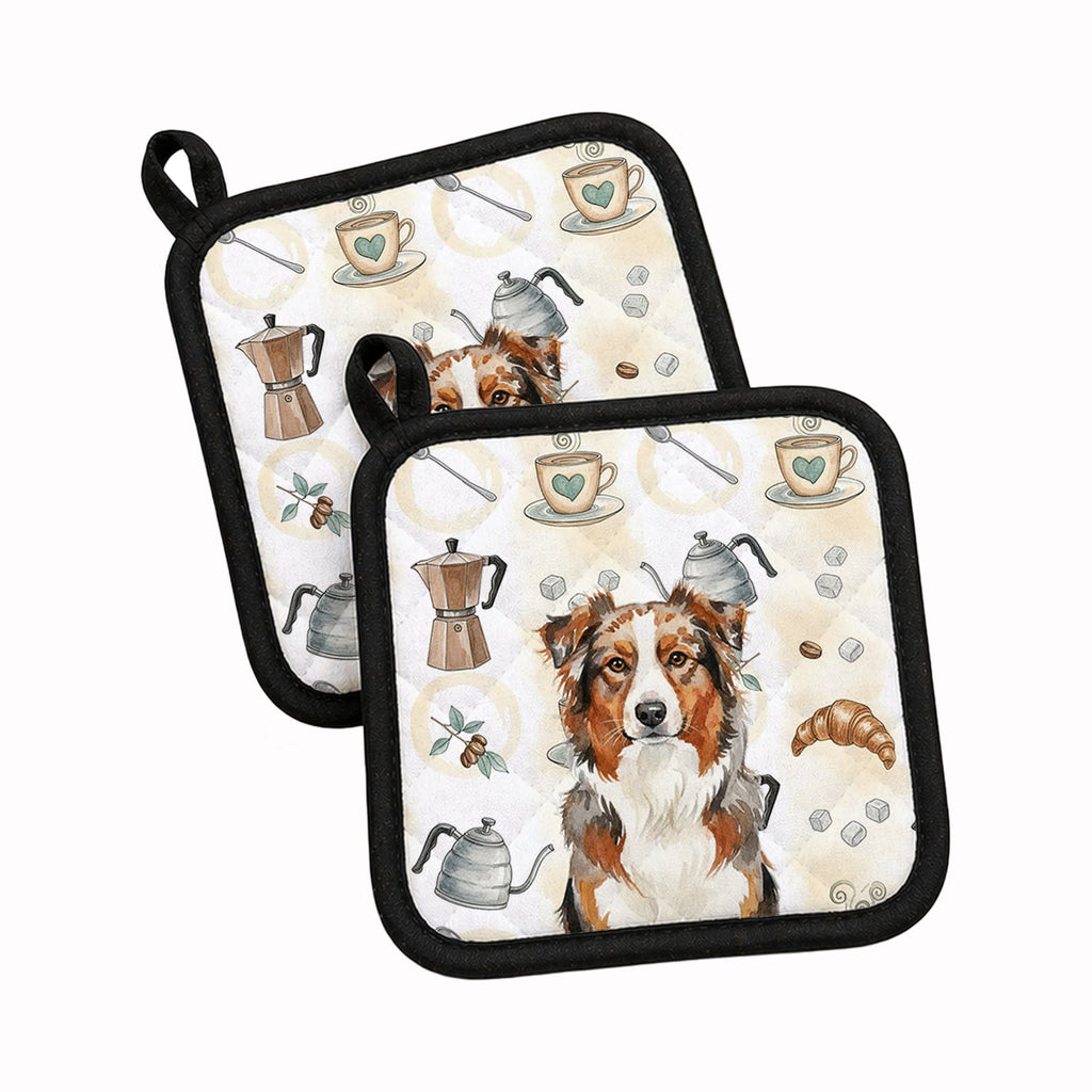 Red Merle Australian Shepherd Coffee Bar Pot Holder Set of 2 Heat Resistant Quilted Hot Pads 7.5 x 7.5 Inch, Insulated Kitchen Trivets for Cooking & Baking