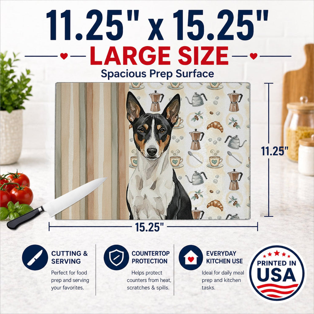 Black and White Basenji Coffee Bar Cutting Board Tempered Glass Kitchen Cutting Surface, Heat Resistant Chopping, Non-Slip Feet, Food Prep & Serving