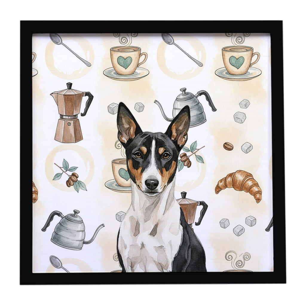 Black and White Basenji Coffee Bar Framed Metal Print Bathroom, Kitchen, Office, Home Decor Wall Art Ready to Hang, Square, 8X8