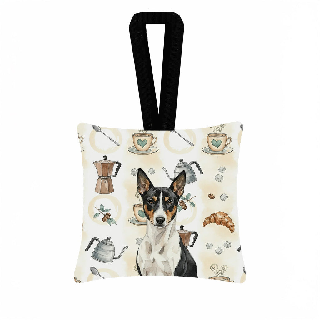 Black and White Basenji Coffee Bar Hanging Square Fabric Ornament 3.5 � 3.5 Decorative Door-Knob & Tree Hanger, Soft Fabric