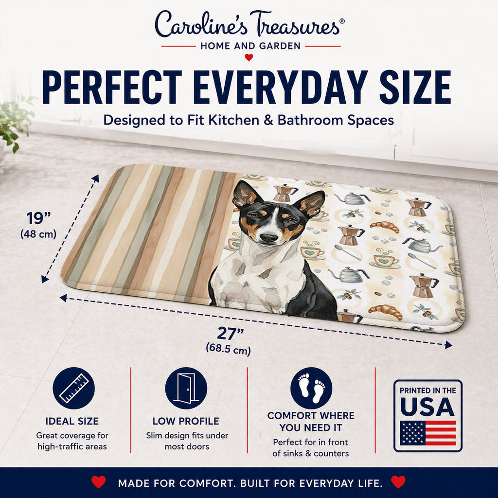 Black and White Basenji Coffee Bar Memory Foam Kitchen Mat Machine Washable Anti-Fatigue Cushion Comfort Bath or Kitchen Rug