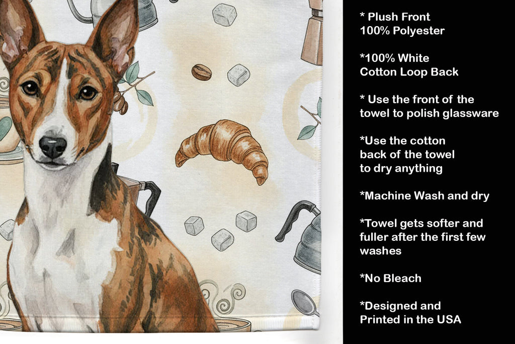 Brindle and White Basenji Coffee Bar Kitchen Towel Velour Plush Front and Cotton Loop Back Machine Washable
