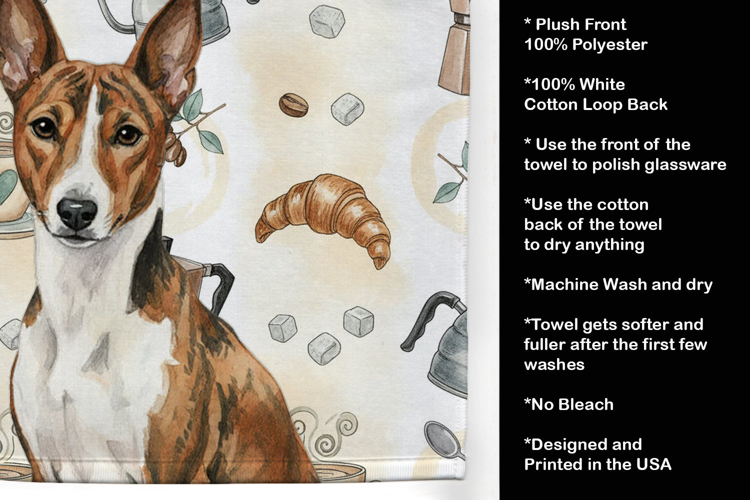 Brindle and White Basenji Coffee Bar Kitchen Towel Velour Plush Front and Cotton Loop Back Machine Washable