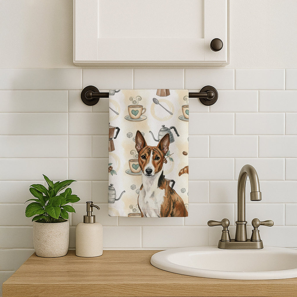 Brindle and White Basenji Coffee Bar Kitchen Towel Velour Plush Front and Cotton Loop Back Machine Washable
