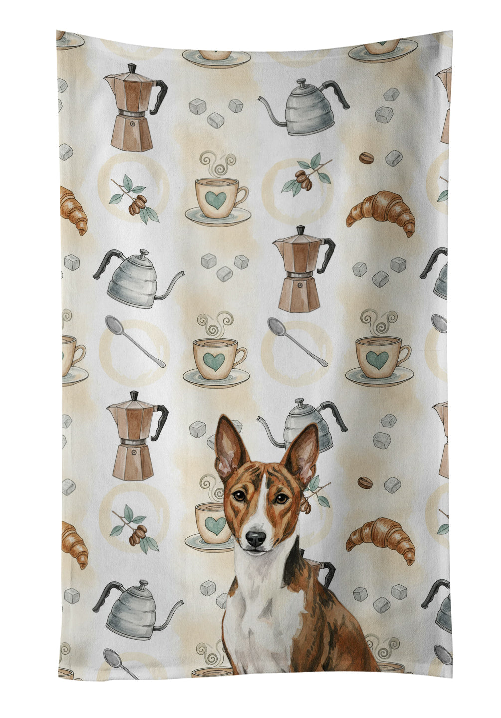 Brindle and White Basenji Coffee Bar Kitchen Towel Velour Plush Front and Cotton Loop Back Machine Washable