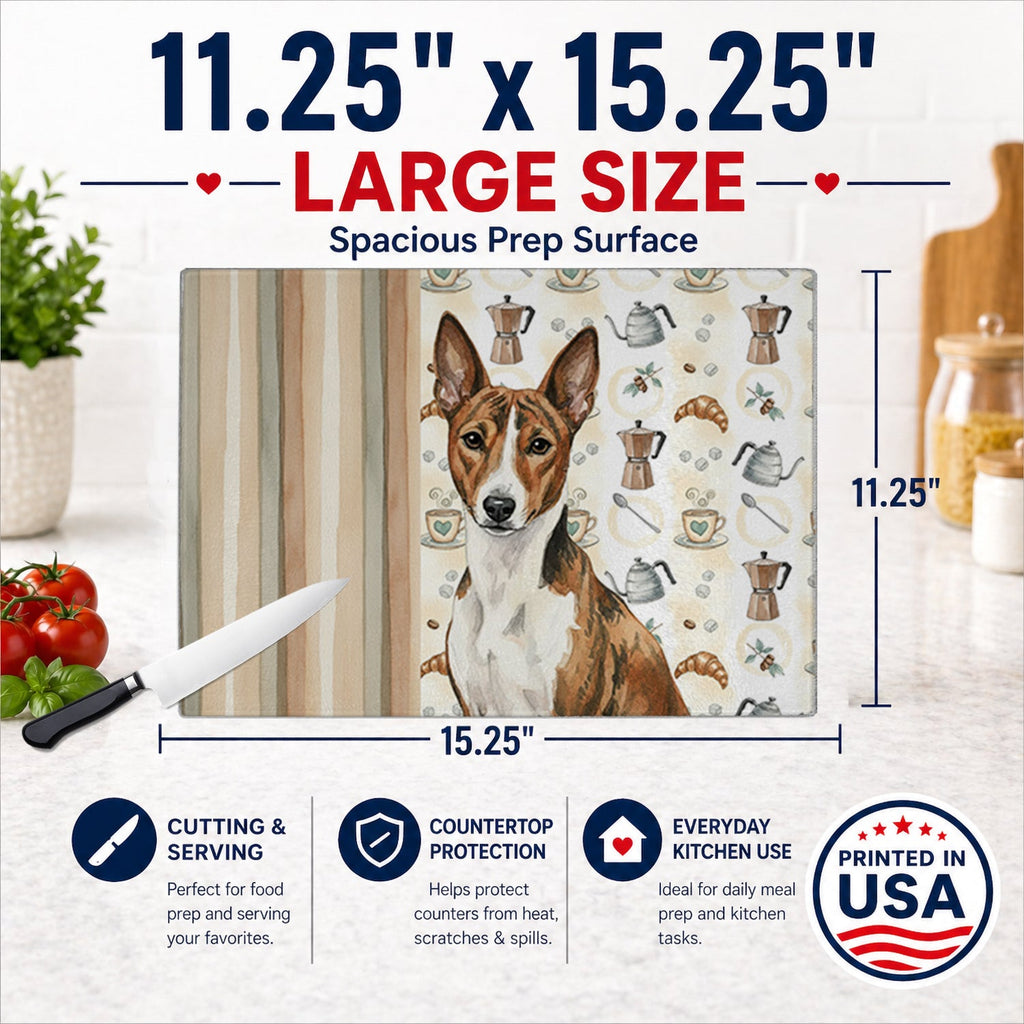 Brindle and White Basenji Coffee Bar Cutting Board Tempered Glass Kitchen Cutting Surface, Heat Resistant Chopping, Non-Slip Feet, Food Prep & Serving