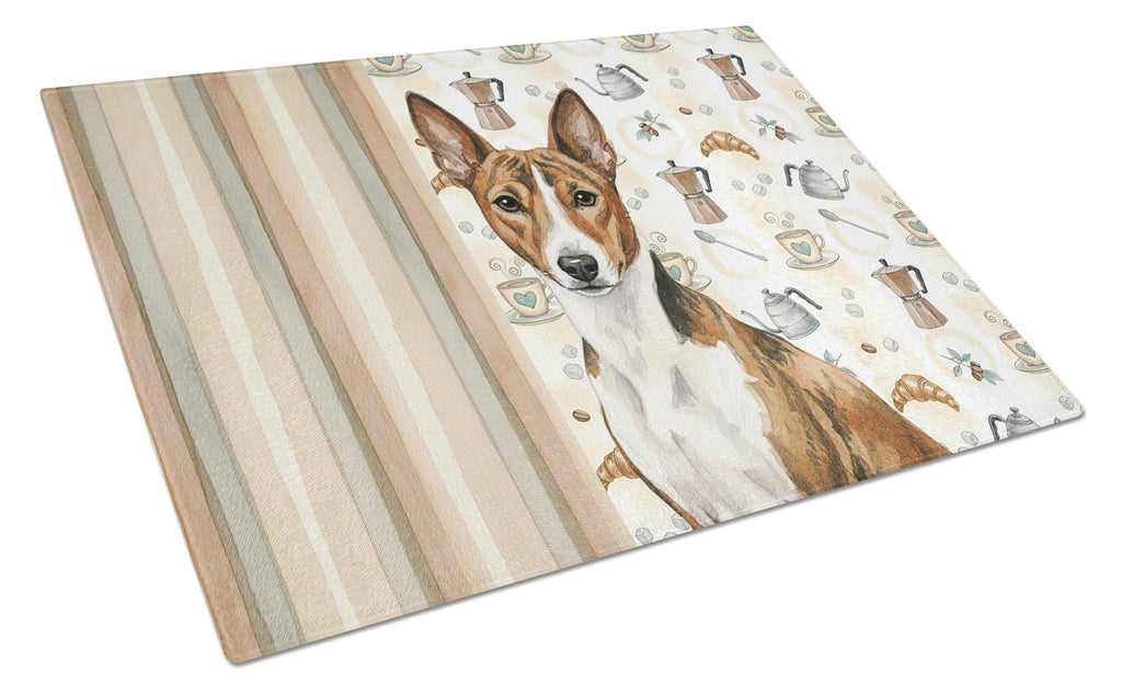 Brindle and White Basenji Coffee Bar Cutting Board Tempered Glass Kitchen Cutting Surface, Heat Resistant Chopping, Non-Slip Feet, Food Prep & Serving