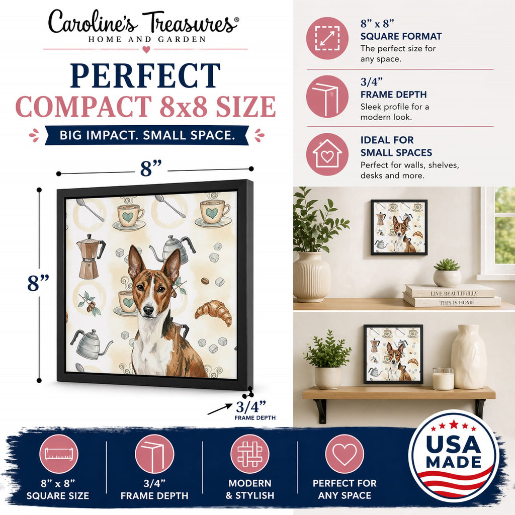 Brindle and White Basenji Coffee Bar Framed Metal Print Bathroom, Kitchen, Office, Home Decor Wall Art Ready to Hang, Square, 8X8