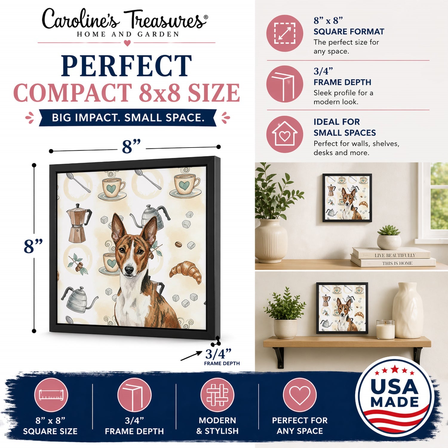 Brindle and White Basenji Coffee Bar Framed Metal Print Bathroom, Kitchen, Office, Home Decor Wall Art Ready to Hang, Square, 8X8
