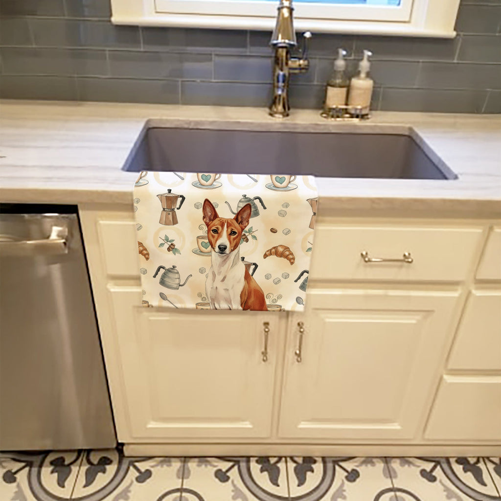 Red and White Basenji Coffee Bar Kitchen Towel Velour Plush Front and Cotton Loop Back Machine Washable