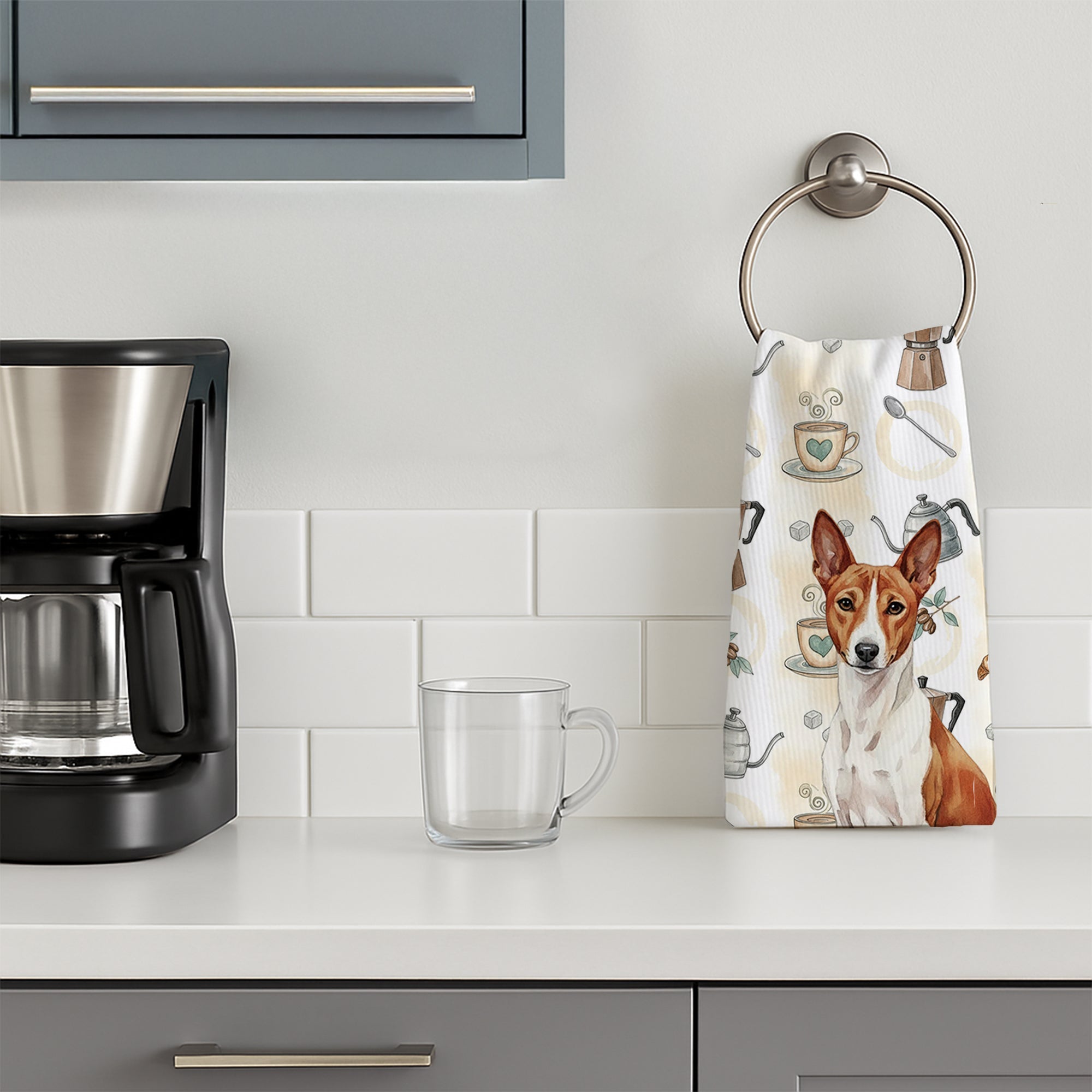 Red and White Basenji Coffee Bar Kitchen Towel Velour Plush Front and Cotton Loop Back Machine Washable