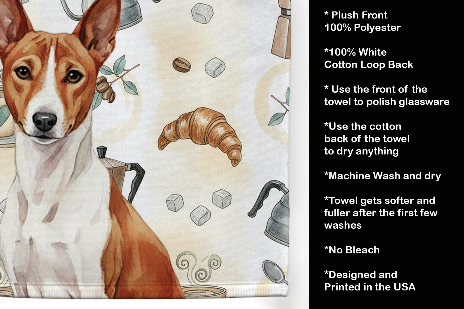 Red and White Basenji Coffee Bar Kitchen Towel Velour Plush Front and Cotton Loop Back Machine Washable