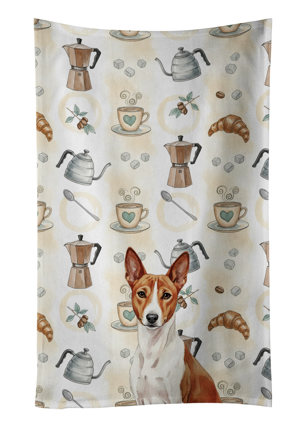Red and White Basenji Coffee Bar Kitchen Towel Velour Plush Front and Cotton Loop Back Machine Washable