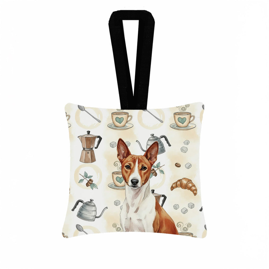 Red and White Basenji Coffee Bar Hanging Square Fabric Ornament 3.5 � 3.5 Decorative Door-Knob & Tree Hanger, Soft Fabric