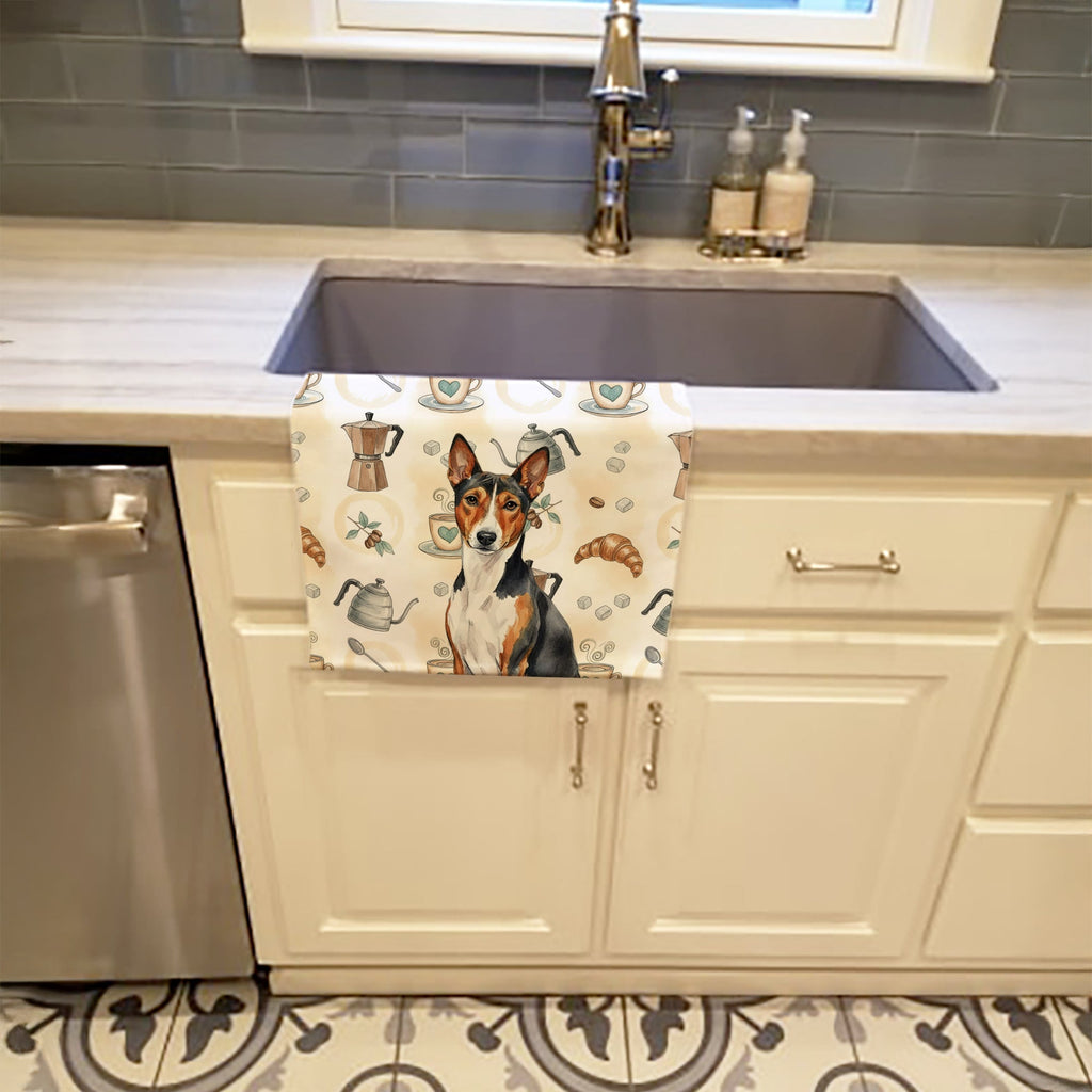 Tricolor and White Basenji Coffee Bar Kitchen Towel Velour Plush Front and Cotton Loop Back Machine Washable