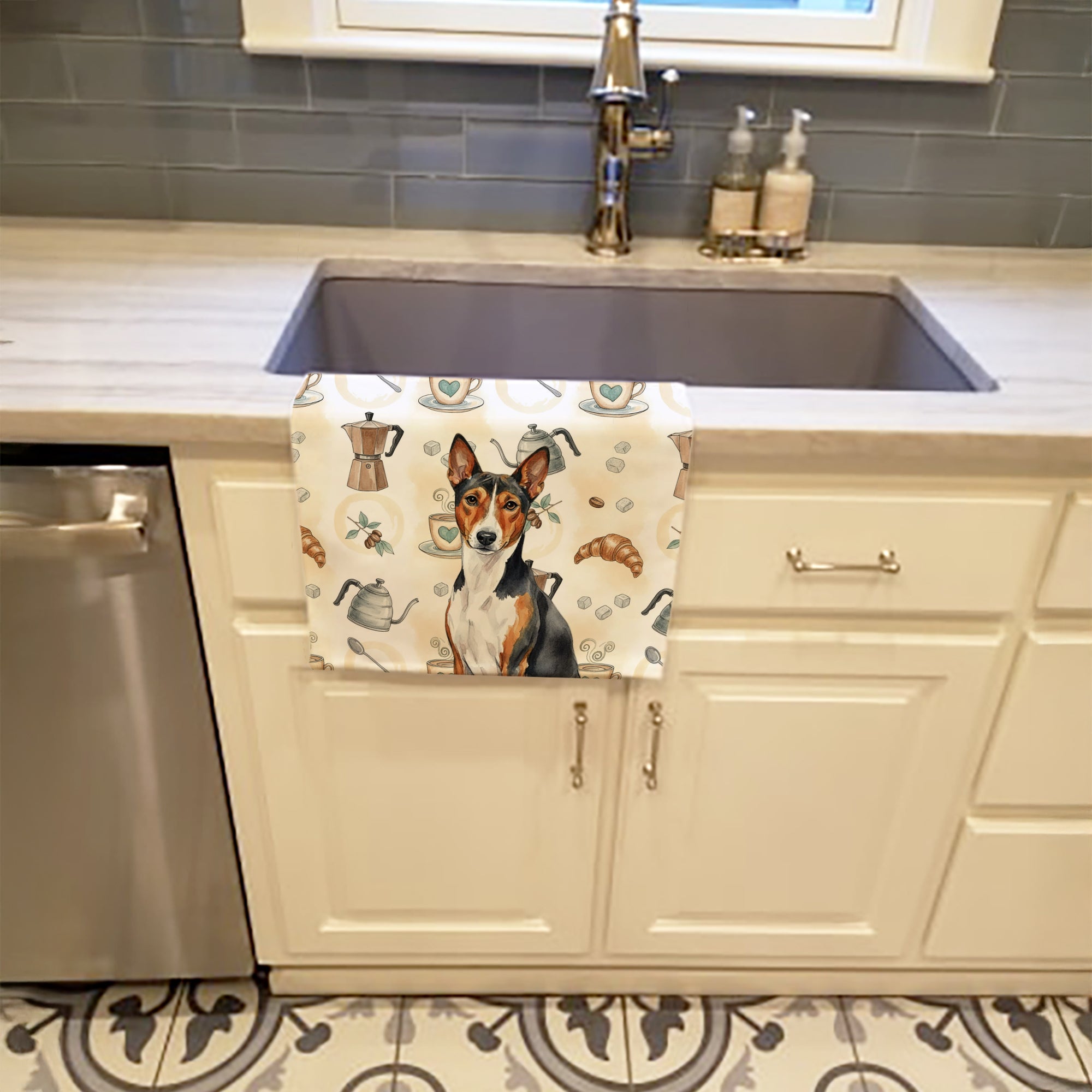 Tricolor and White Basenji Coffee Bar Kitchen Towel Velour Plush Front and Cotton Loop Back Machine Washable
