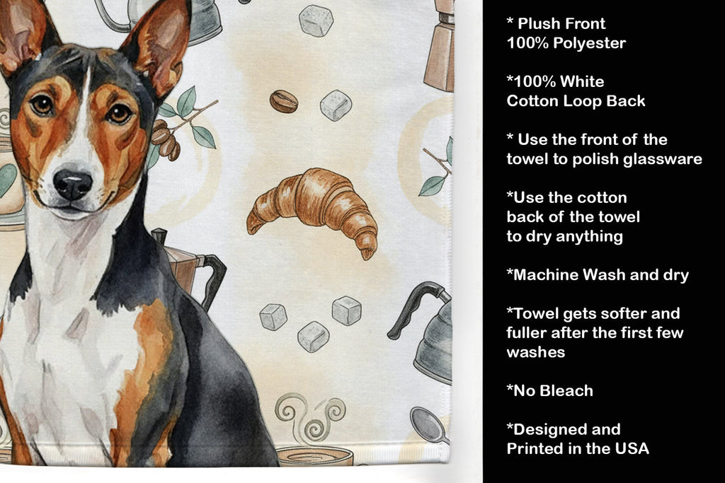 Tricolor and White Basenji Coffee Bar Kitchen Towel Velour Plush Front and Cotton Loop Back Machine Washable