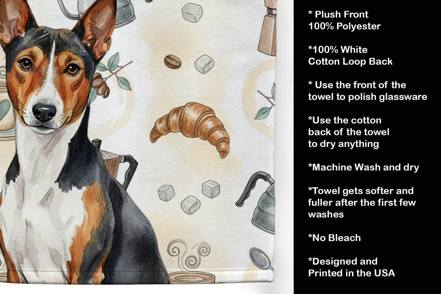 Tricolor and White Basenji Coffee Bar Kitchen Towel Velour Plush Front and Cotton Loop Back Machine Washable
