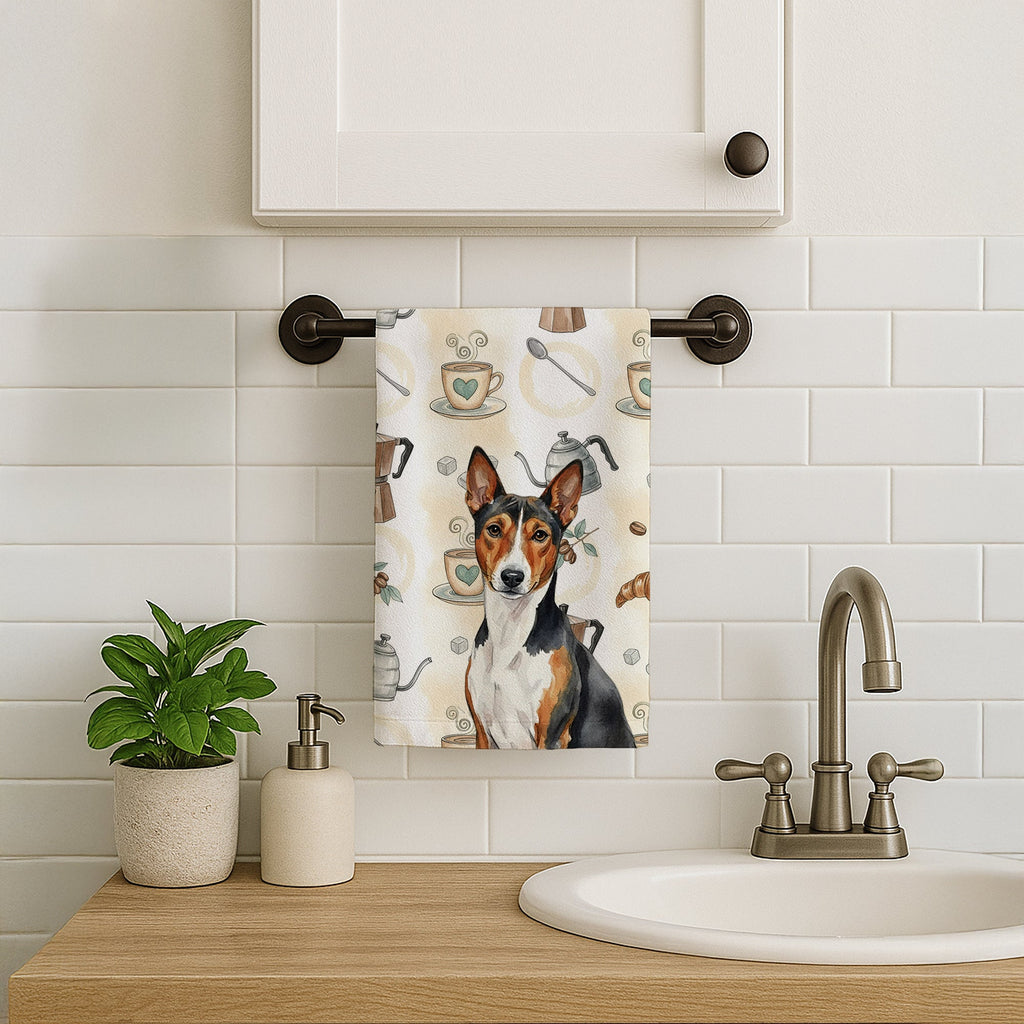 Tricolor and White Basenji Coffee Bar Kitchen Towel Velour Plush Front and Cotton Loop Back Machine Washable