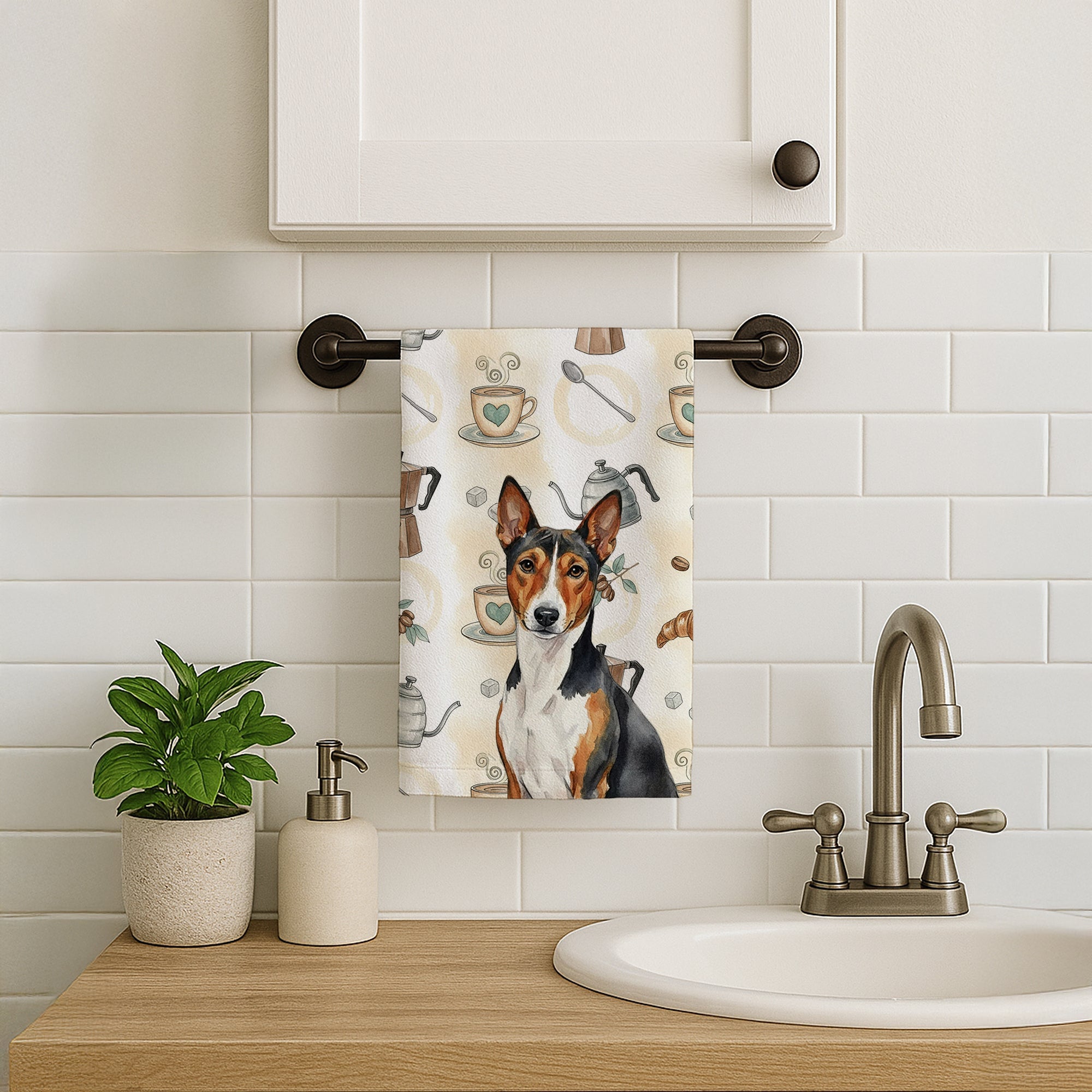 Tricolor and White Basenji Coffee Bar Kitchen Towel Velour Plush Front and Cotton Loop Back Machine Washable
