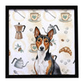 Tricolor and White Basenji Coffee Bar Framed Metal Print Bathroom, Kitchen, Office, Home Decor Wall Art Ready to Hang, Square, 8X8