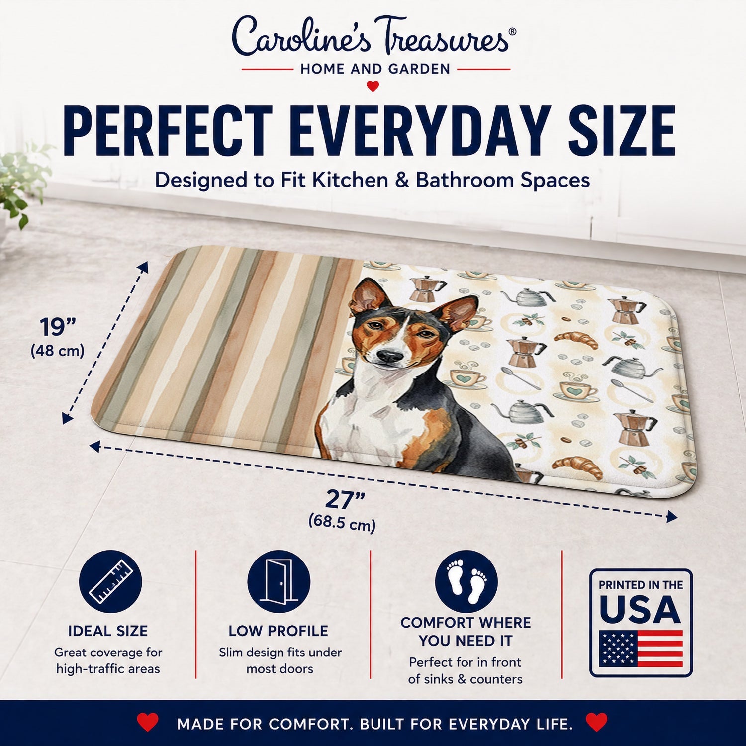 Tricolor and White Basenji Coffee Bar Memory Foam Kitchen Mat Machine Washable Anti-Fatigue Cushion Comfort Bath or Kitchen Rug