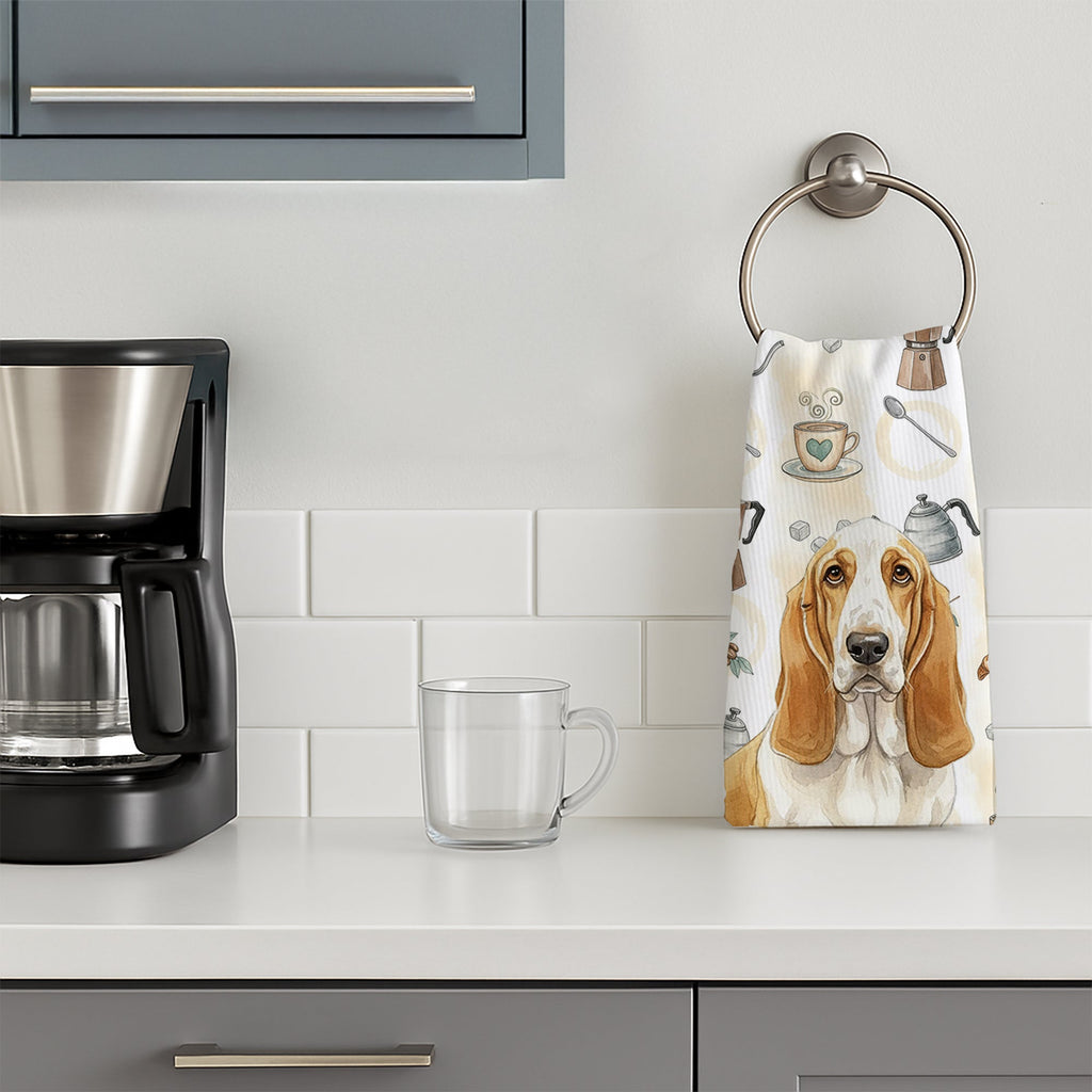 Lemon and White Basset Hound Coffee Bar Kitchen Towel Velour Plush Front and Cotton Loop Back Machine Washable