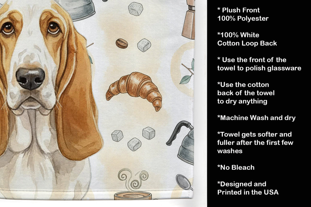 Lemon and White Basset Hound Coffee Bar Kitchen Towel Velour Plush Front and Cotton Loop Back Machine Washable