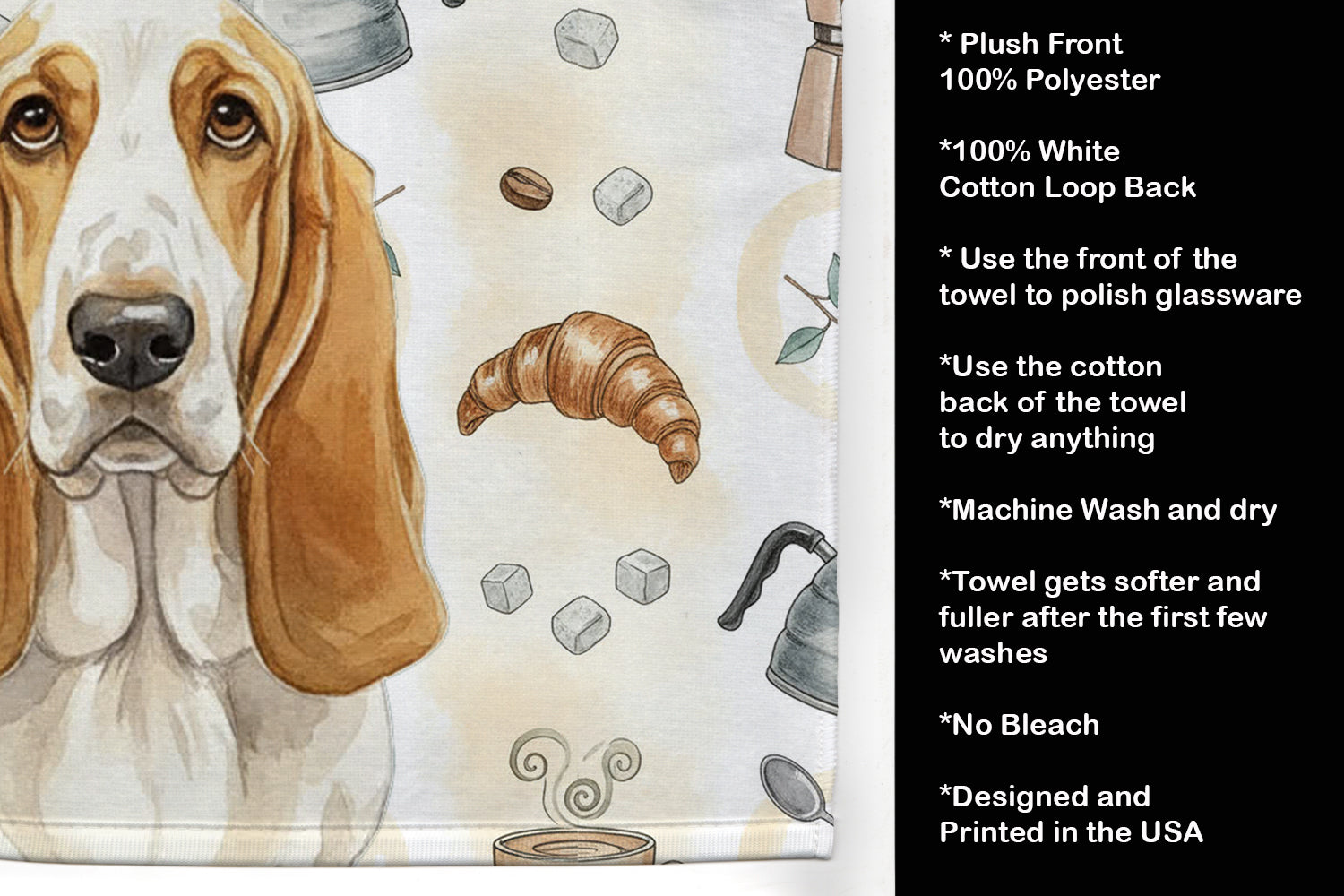 Lemon and White Basset Hound Coffee Bar Kitchen Towel Velour Plush Front and Cotton Loop Back Machine Washable