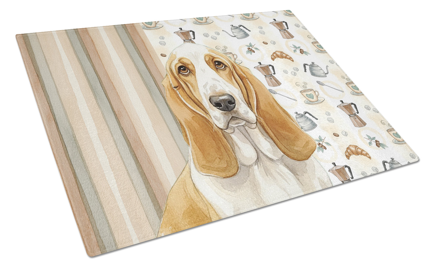 Lemon and White Basset Hound Coffee Bar Cutting Board Tempered Glass Kitchen Cutting Surface, Heat Resistant Chopping, Non-Slip Feet, Food Prep & Serving