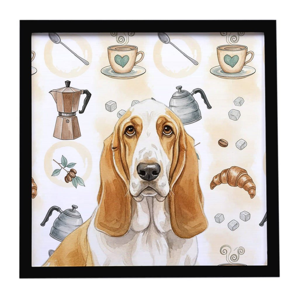 Lemon and White Basset Hound Coffee Bar Framed Metal Print Bathroom, Kitchen, Office, Home Decor Wall Art Ready to Hang, Square, 8X8