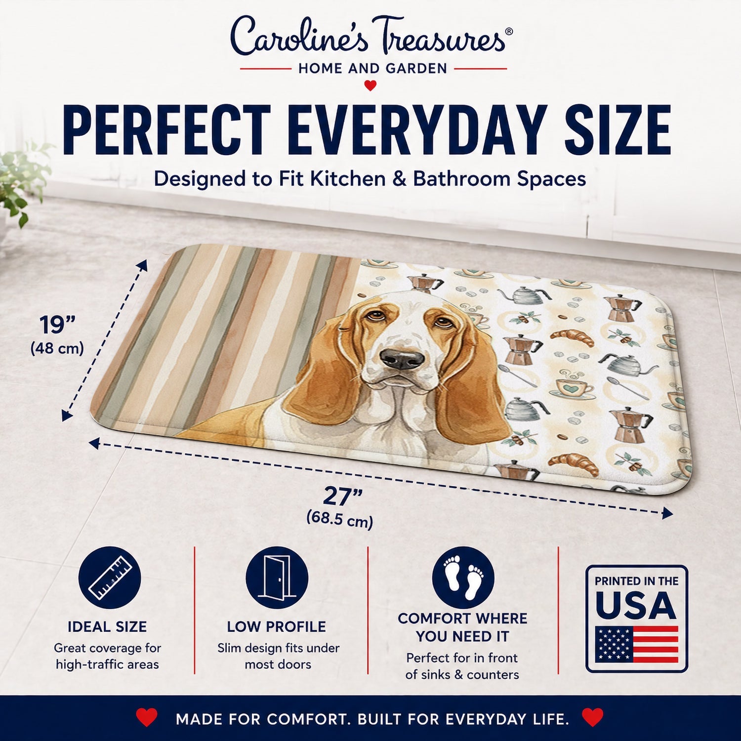 Lemon and White Basset Hound Coffee Bar Memory Foam Kitchen Mat Machine Washable Anti-Fatigue Cushion Comfort Bath or Kitchen Rug