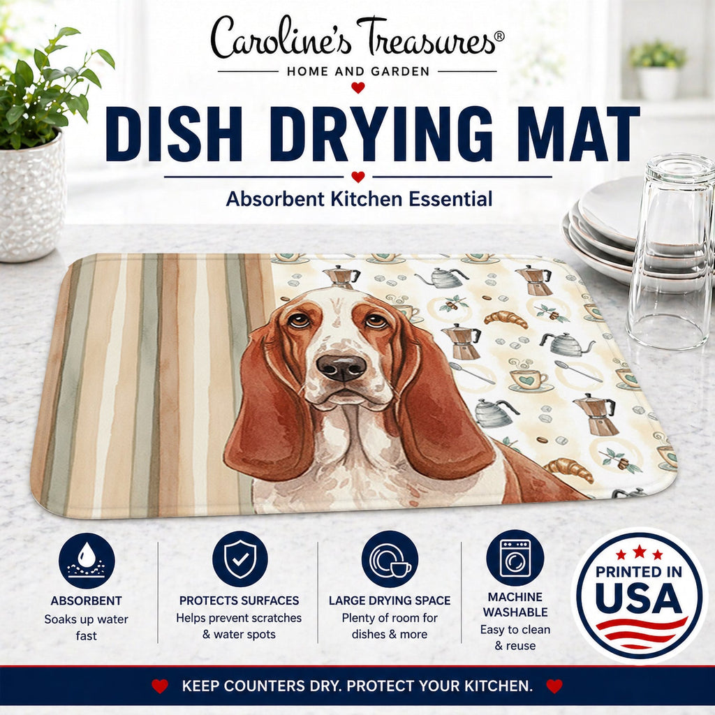 Red and White Basset Hound Coffee Bar Dish Drying Mat Absorbent Dish Drying Mat Pad for Kitchen Counter Dish Drainer Mat for Countertop, 14 x 21", Multicolor